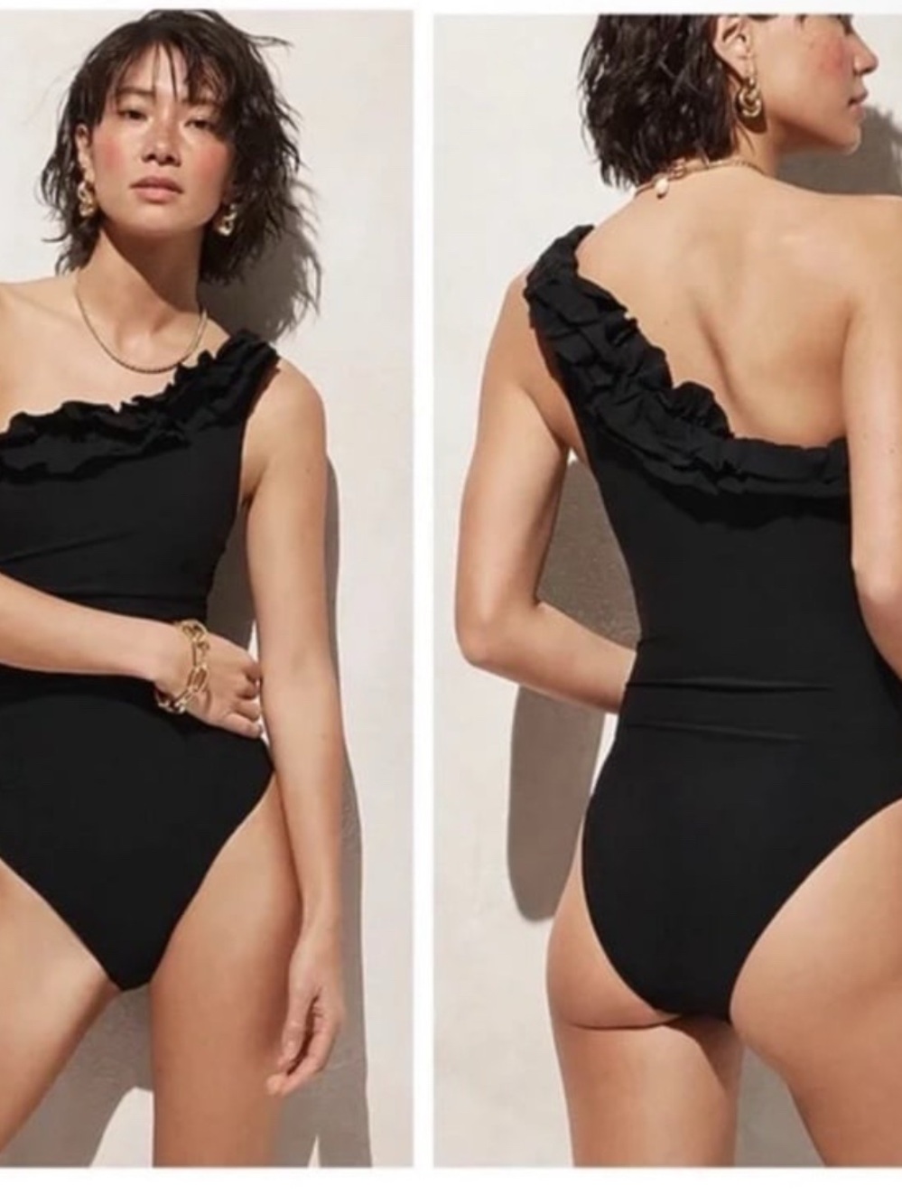 J. Crew Black One-Shoulder Ruffle Women's One-Piece Swimsuit